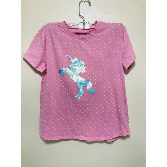 Wonder Nation Pink Polka Dot Unicorn Tee With Reversable Sequins, Size 18 - Picture 1 of 3